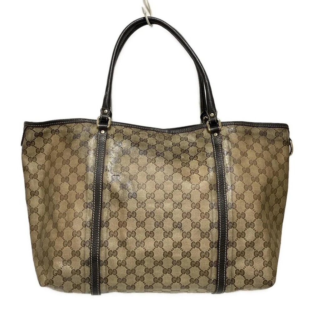 GUCCI Crystal GG 265696 Beige Dark Brown Coated Canvas Leather Tote Bag - Picture 3 of 8